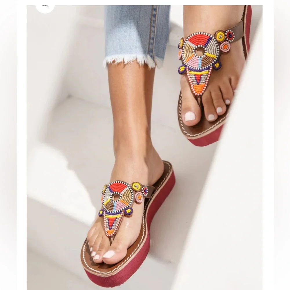 Laidback London Shibli SSR Leather Beaded Handmade Sandal Red Mix Size 39